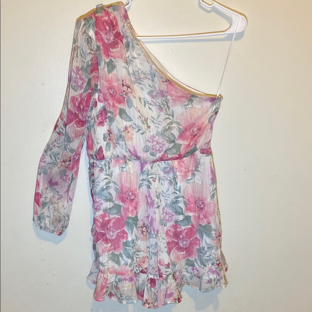 Express Floral One-Shoulder Dress - Pink and Green